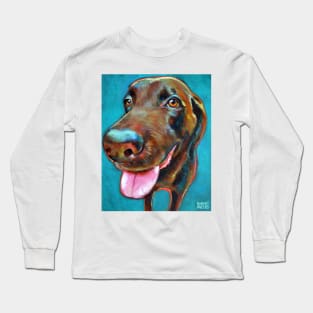 Chocolate Labrador on Blue by Robert Phelps Long Sleeve T-Shirt